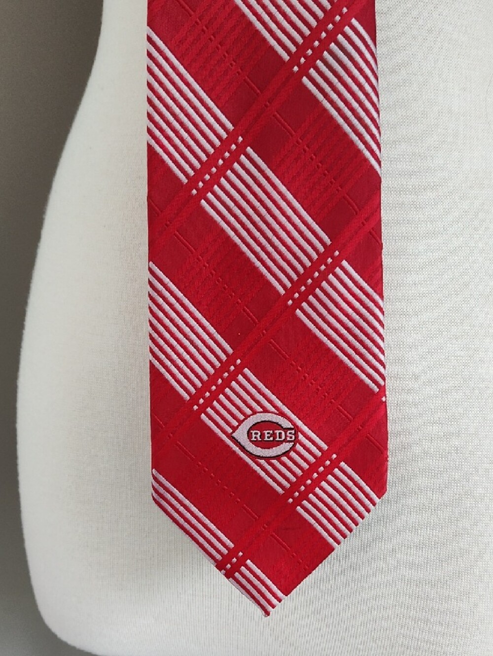 Men's Cincinnati Reds White And Red Plaid Baseball Tie With Monogram Branding